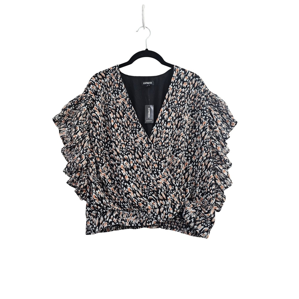 Express Blouse Womens M wrap surplice Abstract Leopard Ruffle Flutter Sleeve NEW